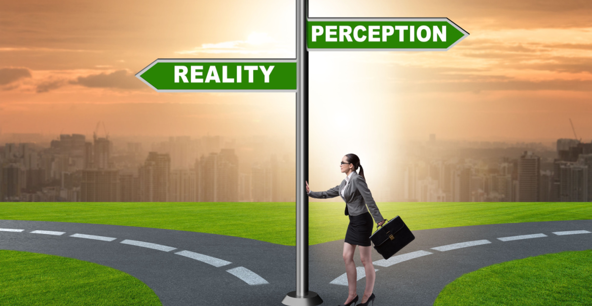 Woman at signpost of reality and perception