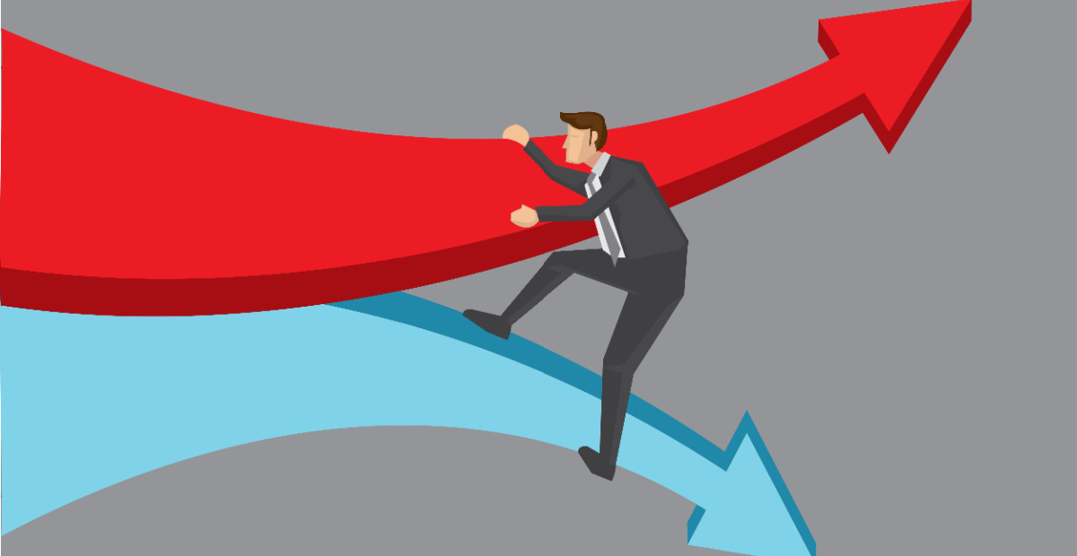 Man caught between divergent arrows