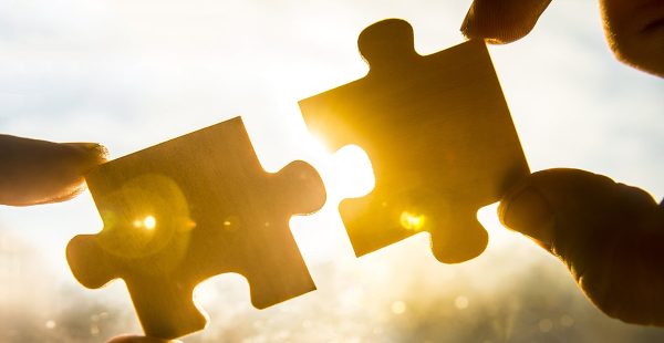 Puzzle pieces being joined together in sunlight
