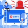 Graphic with error message on computer screen and multiple workers holding tools to fix