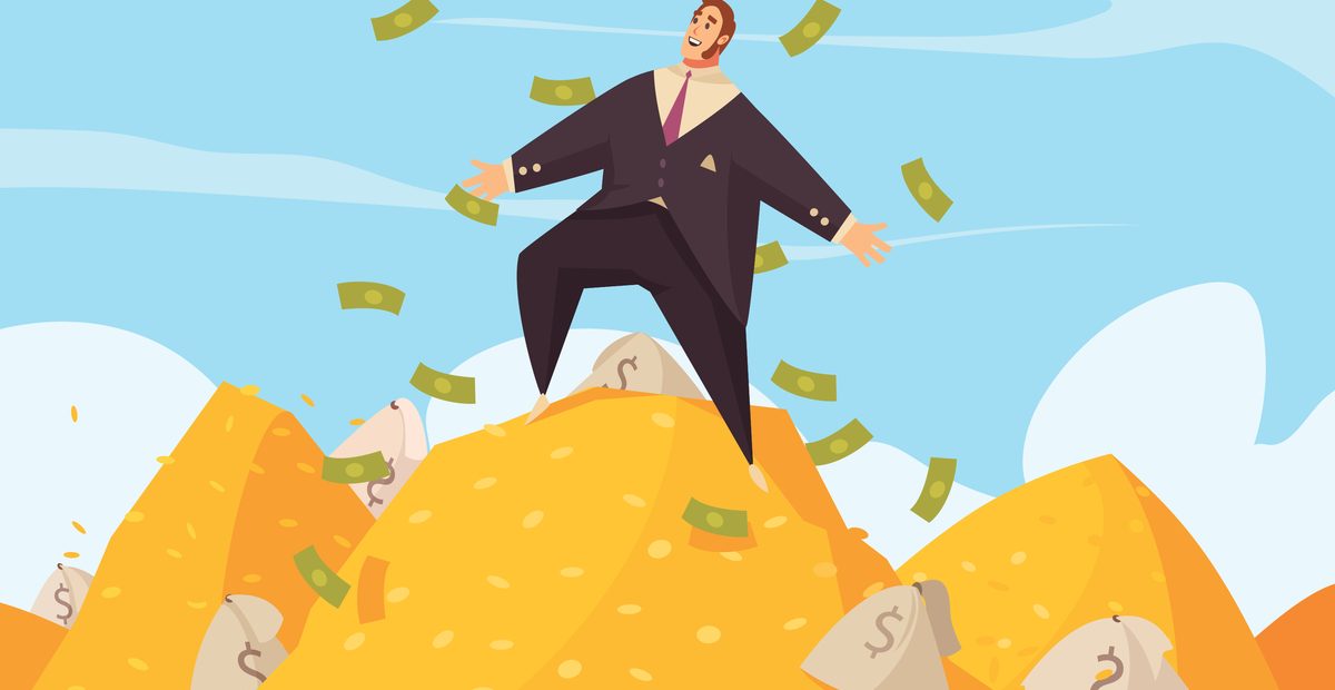 Graphic of man standing on yellow mounds of money throwing notes into the air